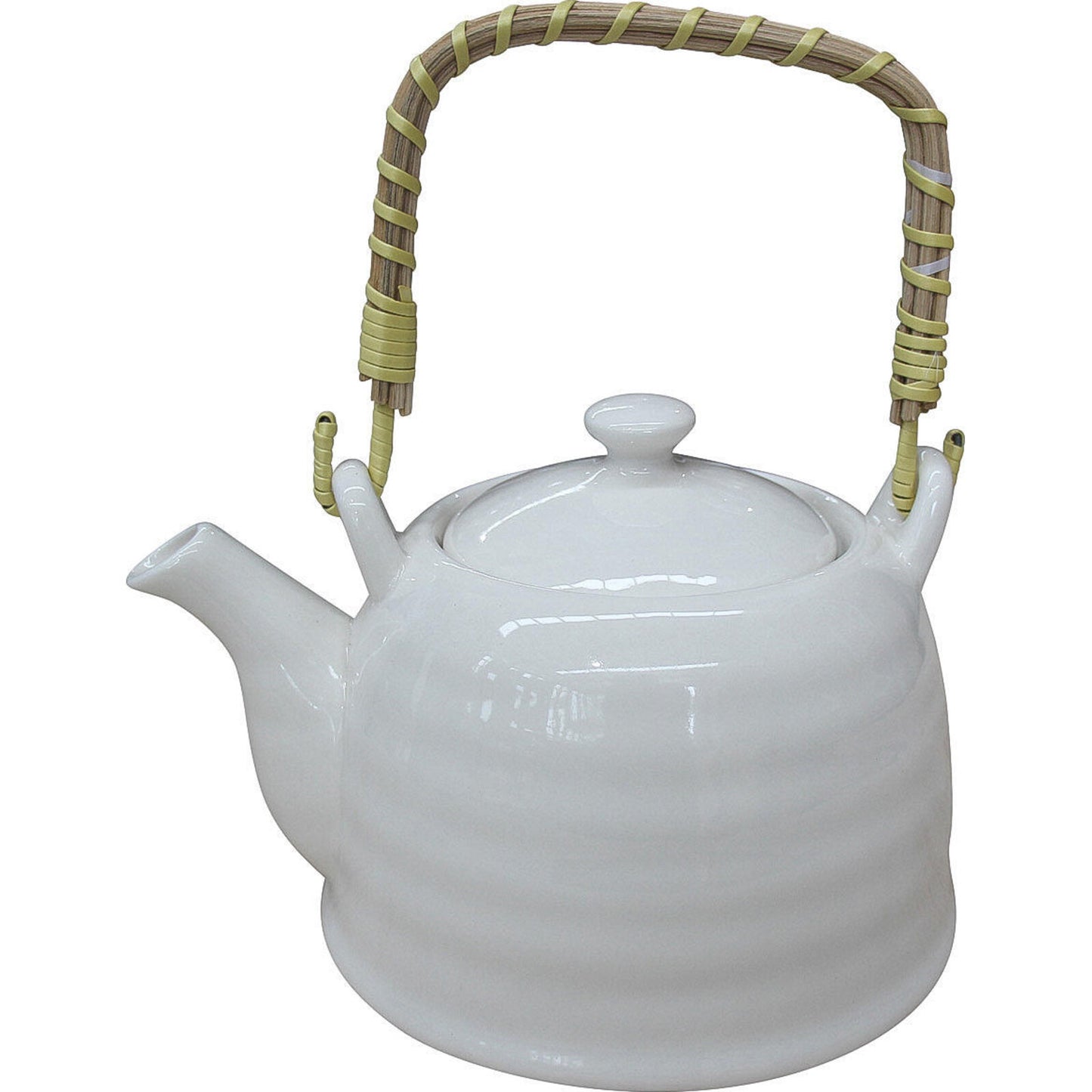 White Teapot with Woven Handle + Tea Strainer