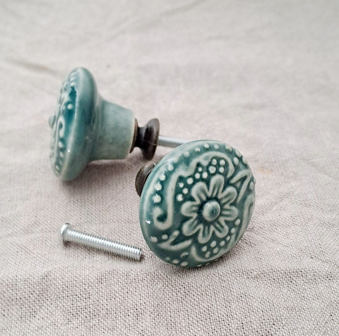 Federation Flower - Ceramic Drawer/Cabinet Knob - Vintage Green