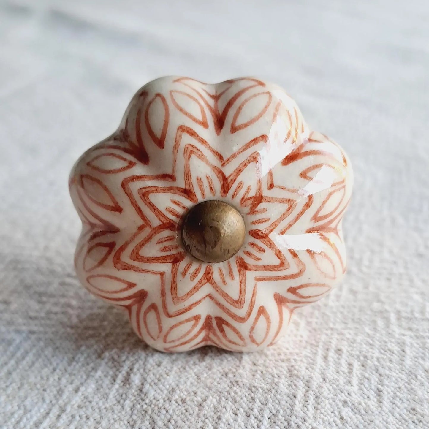 Ceramic Drawer Knob - Vintage Flower - Rusty Red Colour
