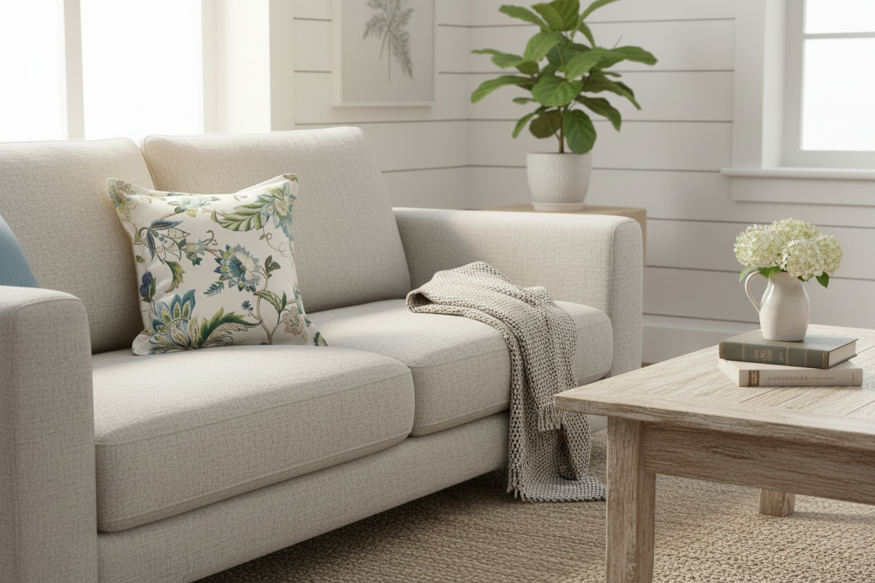 Throw Cushion with Flange Edge - Brissac (Sapphire) P.Kaufmann Fabric with Natural Linen Backing