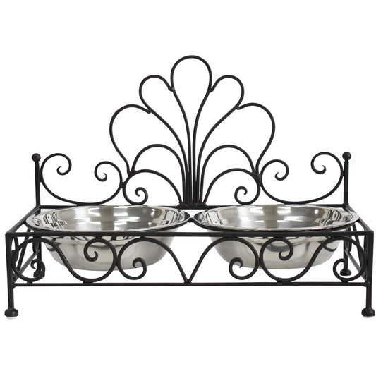Raised Wrought Iron Pet Feeding Stand with Bowls