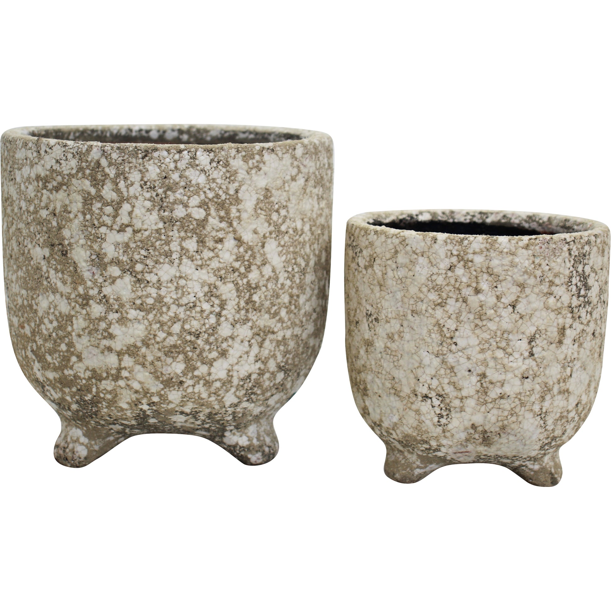 Two textured ceramic planters on a white background
