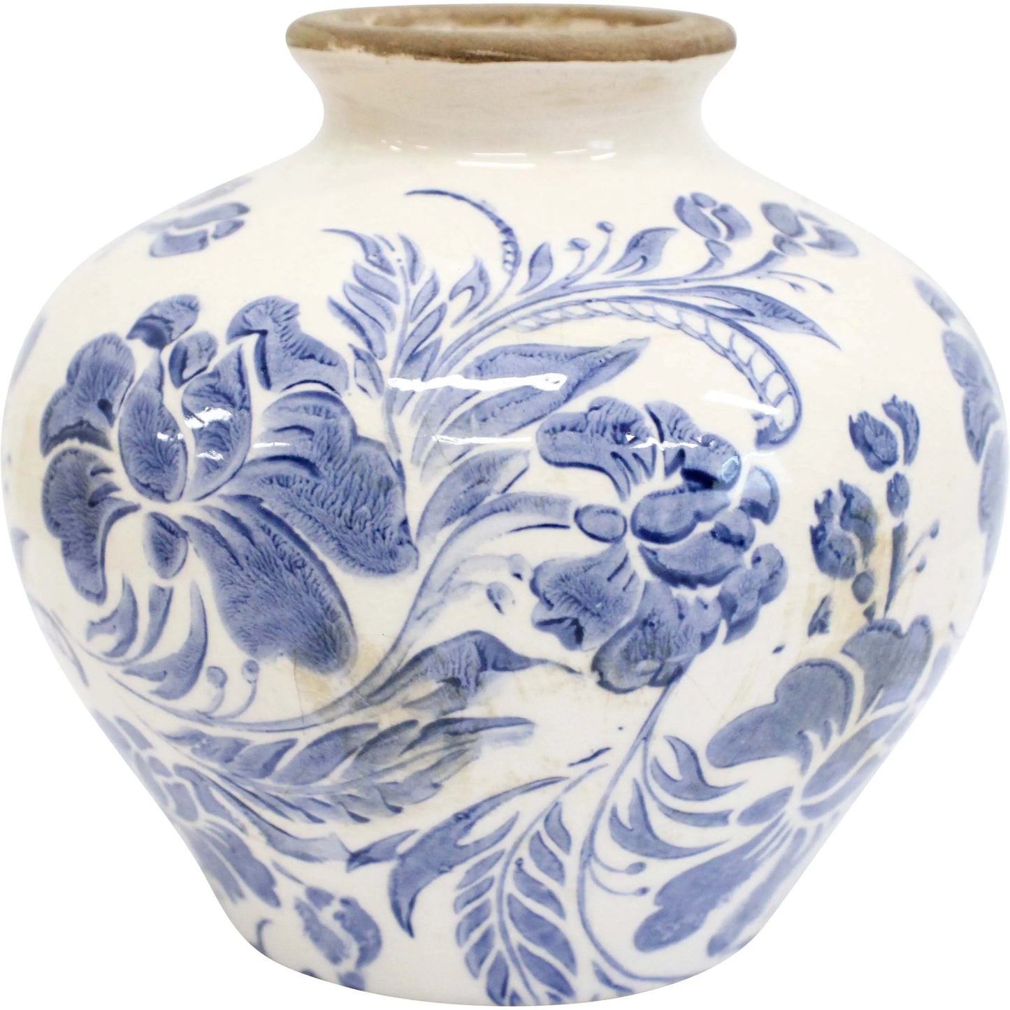 Ceramic vase with blue floral patterns on a white background