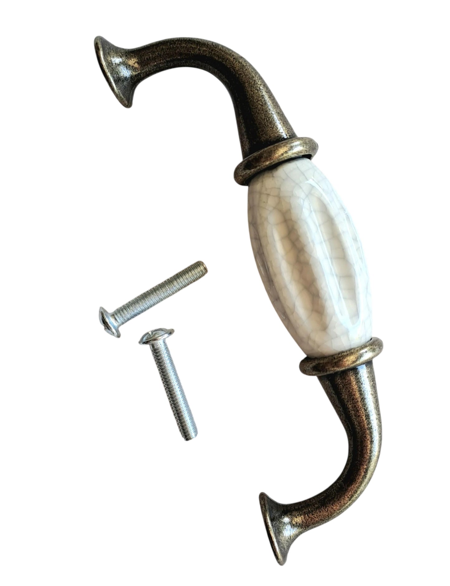 Decorative metal hook with white ceramic center and screws on a white background
