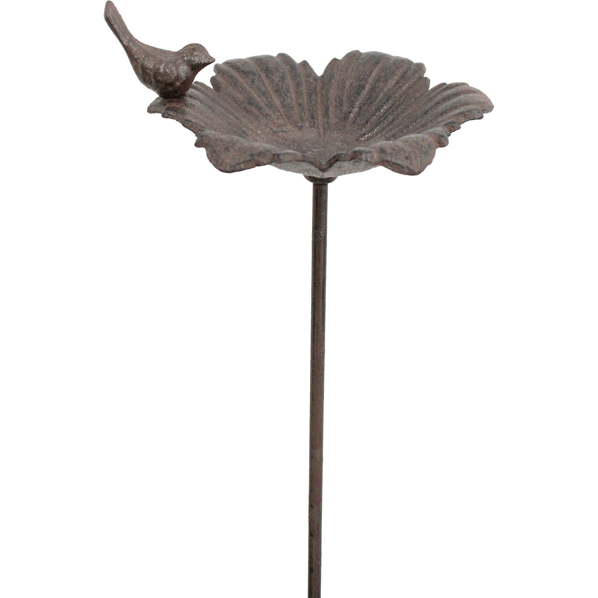Decorative metal garden stake with bird and leaf design on a white background