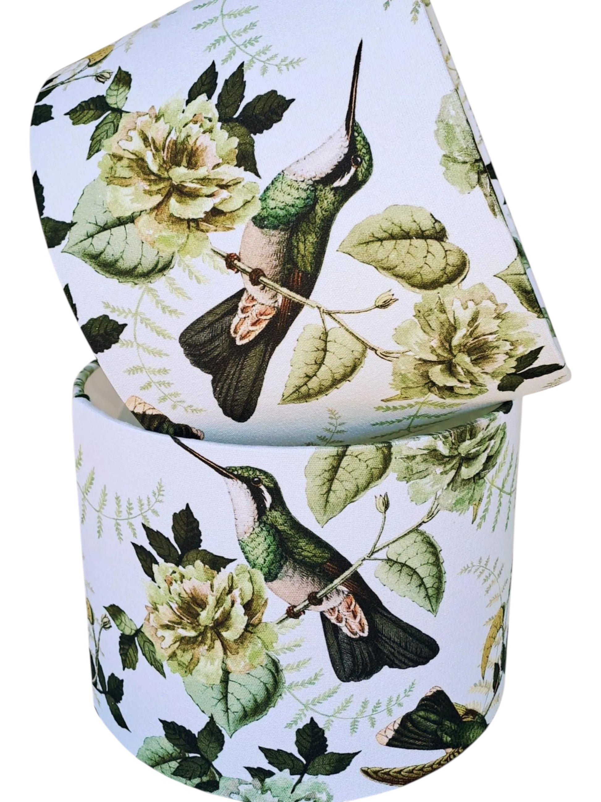 DRUM LAMPSHADE WITH HUMMINGBIRD FABRIC AND FLOWERS