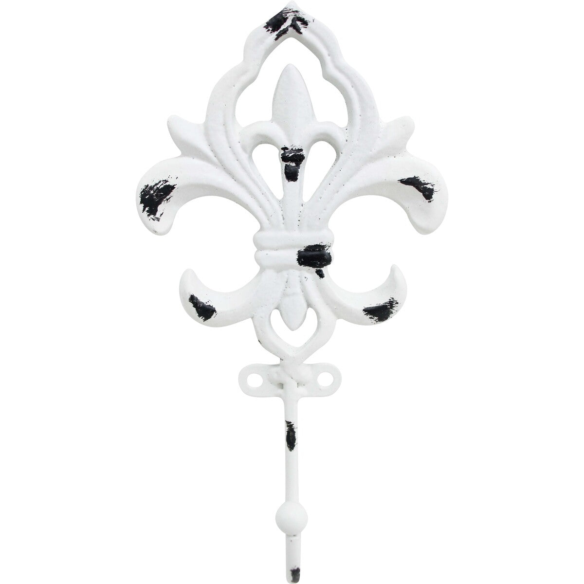 Decorative white fleur-de-lis wall hook with black accents on a white background