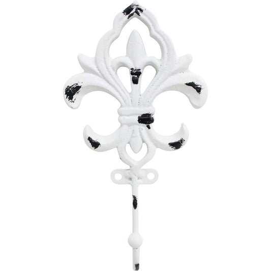 Decorative white fleur-de-lis wall hook with black accents on a white background