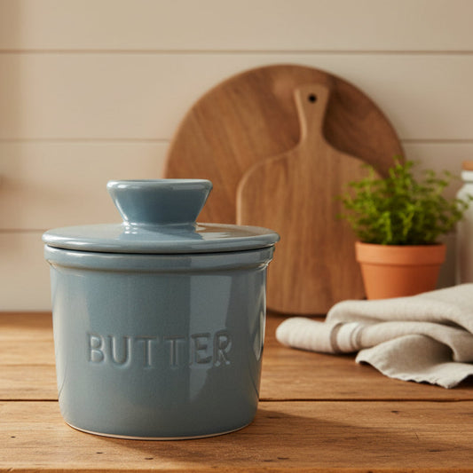 Grey ceramic butter container with lid on a white background