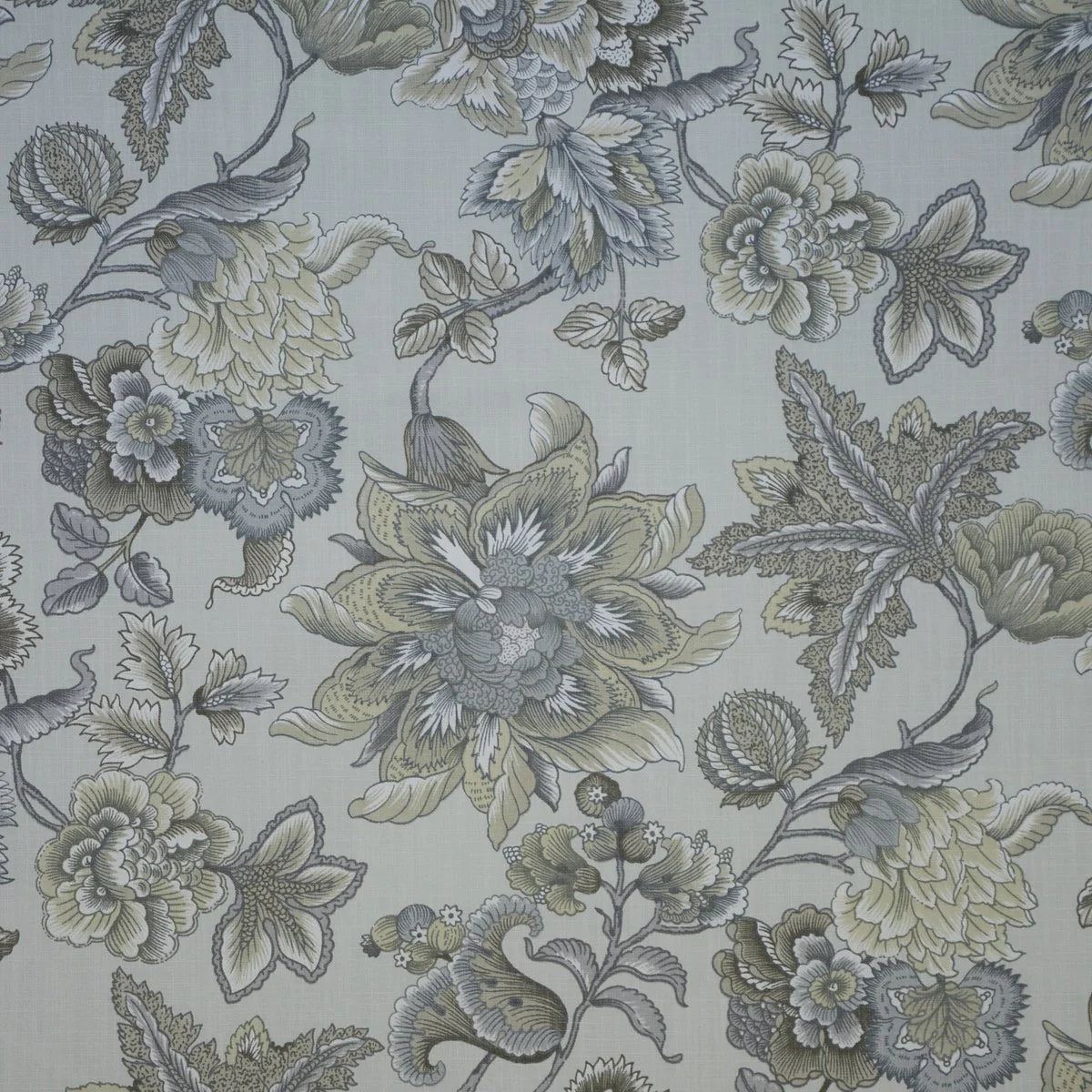 Floral patterned fabric with green and gray flowers on a light background