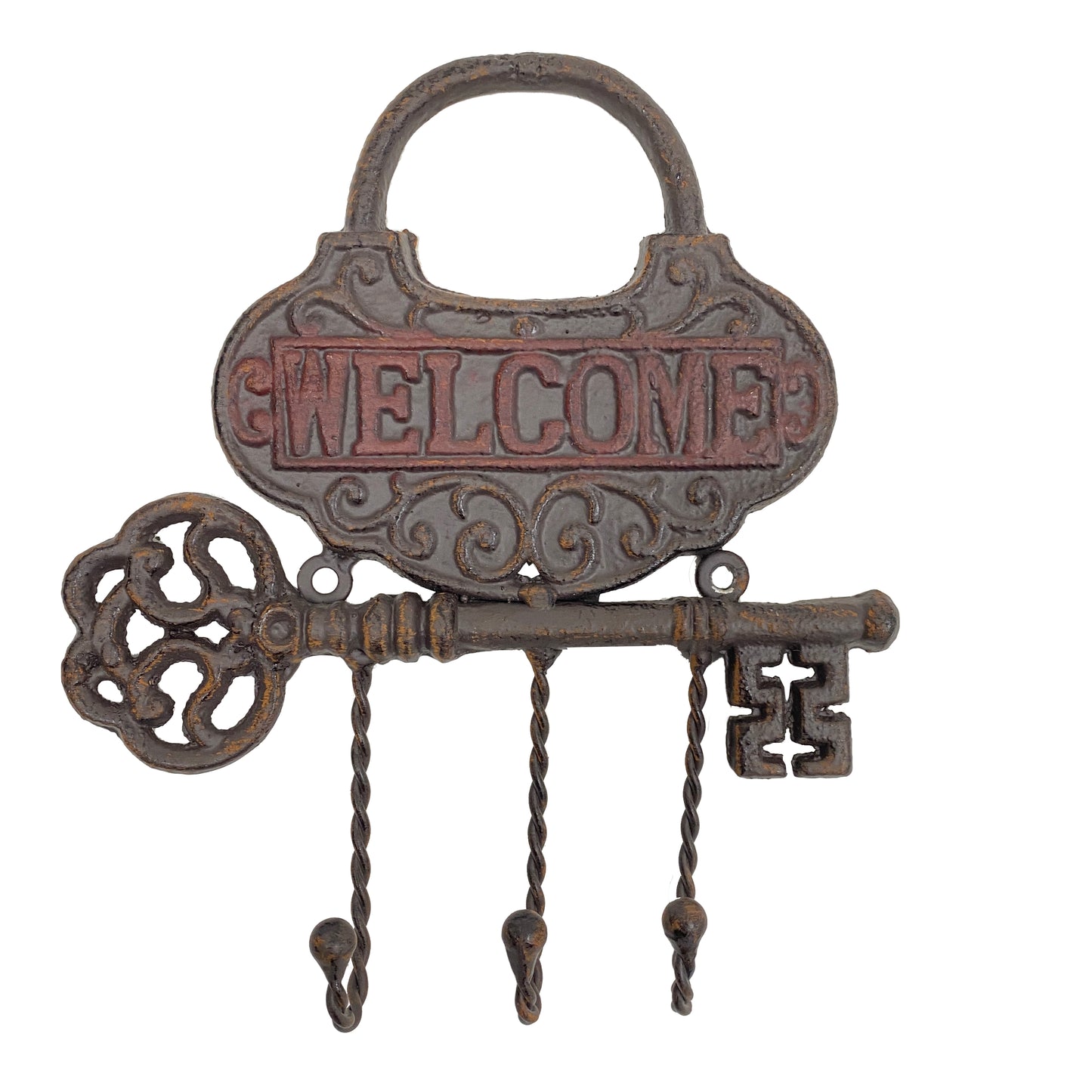 Decorative metal wall hook with 'WELCOME' text and two keys on a white background