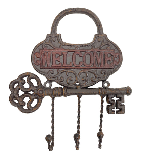 Decorative metal wall hook with 'WELCOME' text and two keys on a white background