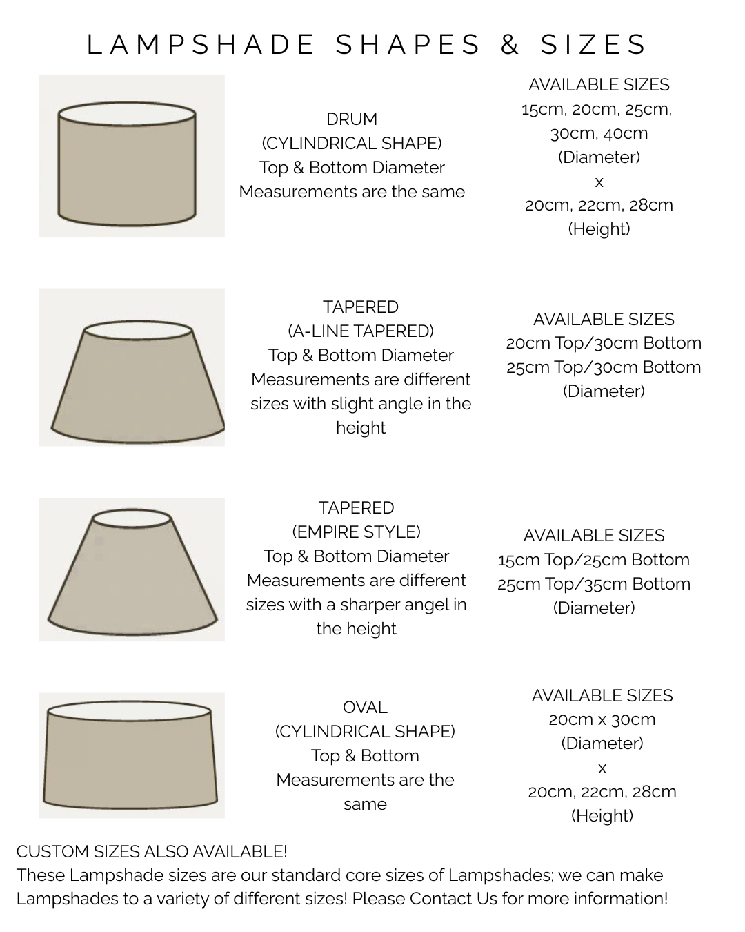 Chart detailing different lampshade shapes and sizes with illustrations.