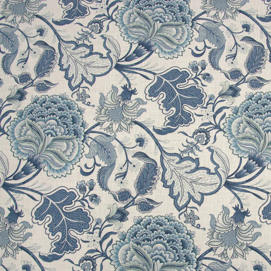 Floral and leaf pattern in blue on a light background