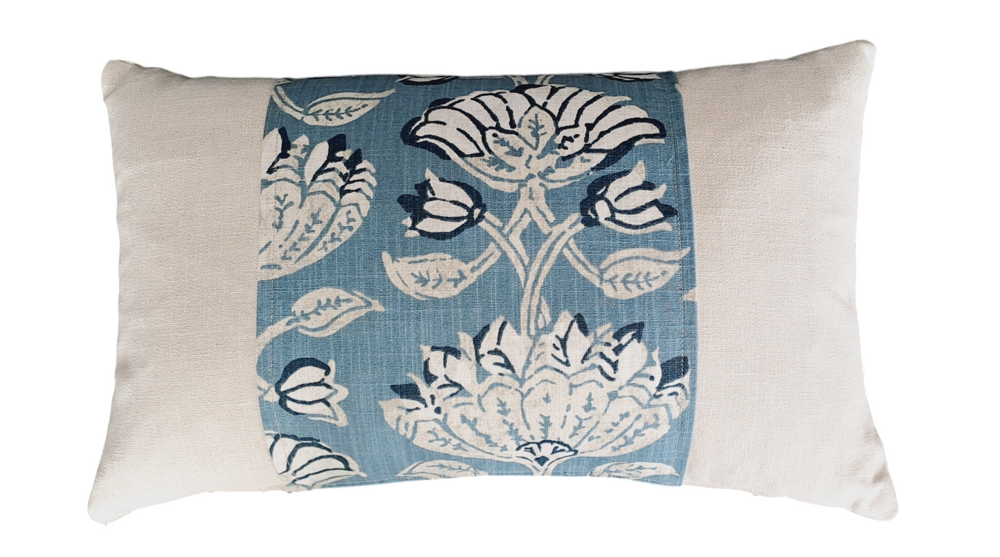 Blue & Taupe Robert Allen Fabric (Pradesh Flint) Throw Cushion - Oblong - Bespoke Design