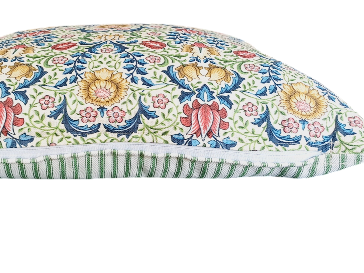Floral Design with Evergreen Ticking back Throw Cushion - Large - Bespoke Design