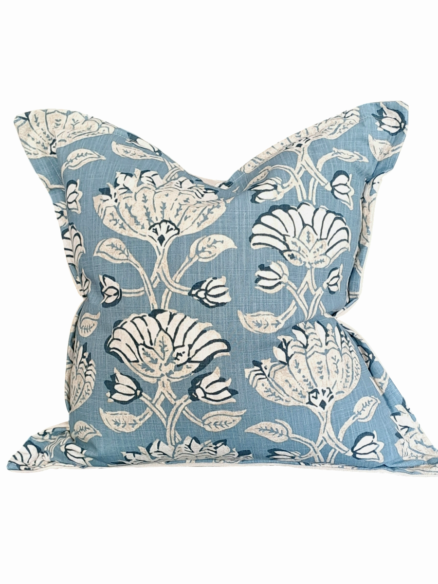 Blue & Taupe Robert Allen Fabric Throw Cushion - Flange Detail - Large - Bespoke Design