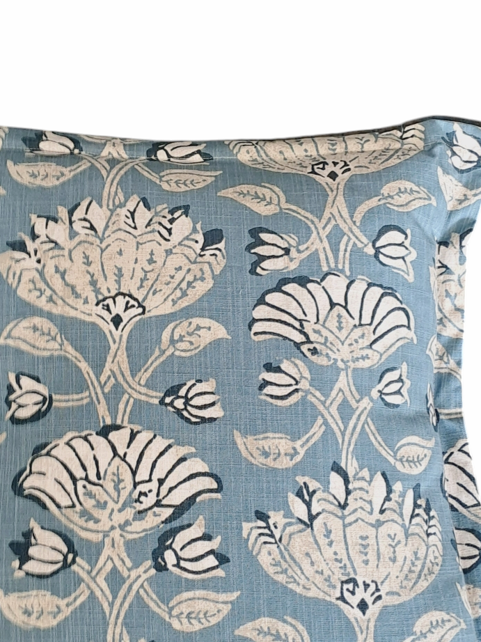 Blue & Taupe Robert Allen Fabric Throw Cushion - Flange Detail - Large - Bespoke Design