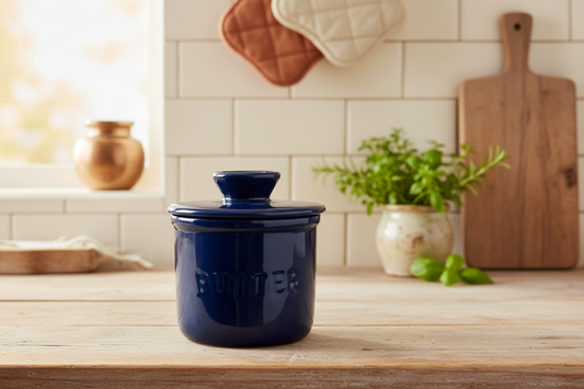 Blue butter container on a kitchen counter with a tiled wall and wooden cutting board in the background.