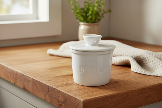 White ceramic butter container with lid on a white background