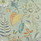 A close-up of a botanical fabric or wallpaper pattern featuring illustrated leaves, flowers, and butterflies on a muted sage green background.