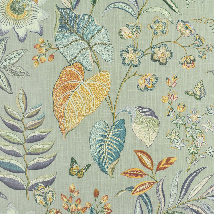 A close-up of a botanical fabric or wallpaper pattern featuring illustrated leaves, flowers, and butterflies on a muted sage green background.