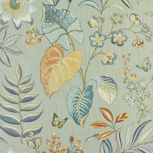 A close-up of a botanical fabric or wallpaper pattern featuring illustrated leaves, flowers, and butterflies on a muted sage green background.