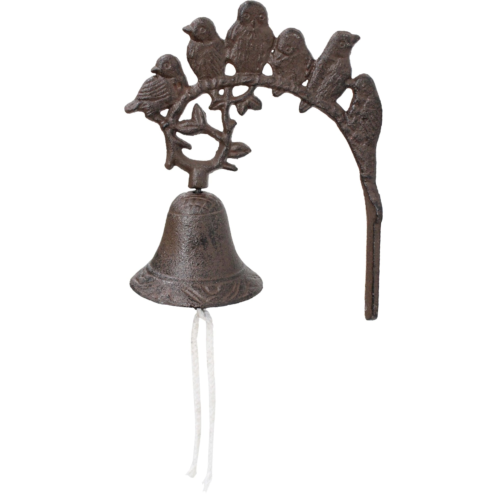 A wall-mounted cast iron doorbell with a design of a bird family.