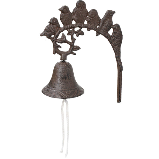 A wall-mounted cast iron doorbell with a design of a bird family.