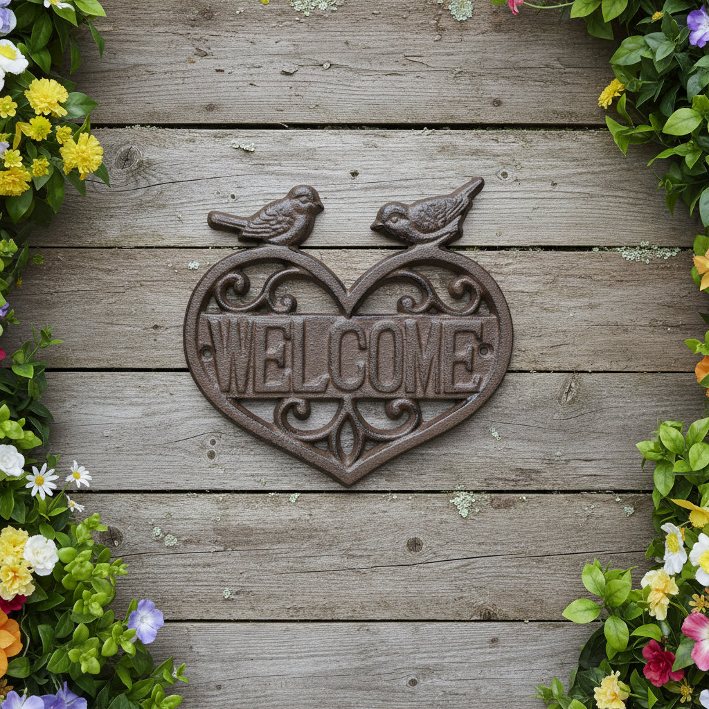 Decorative metal 'Welcome' sign with birds on a white background