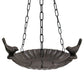Black metal bird bath with chain and birds on a white background