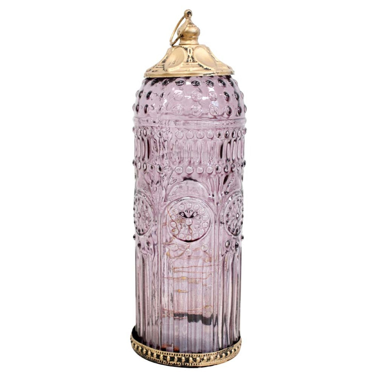 Decorative pink container with gold accents on a white background