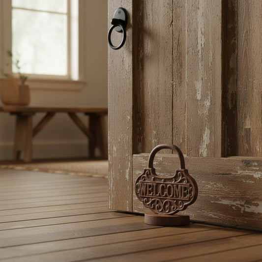 A decorative cast iron welcome sign with a rustic, rusted finish, featuring an ornate handle and a circular base, isolated on a white background.