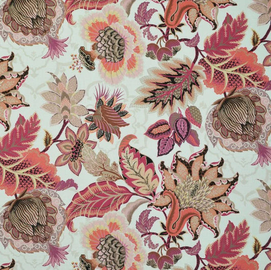 Floral and leaf pattern with pink, brown, and orange colors on a light background