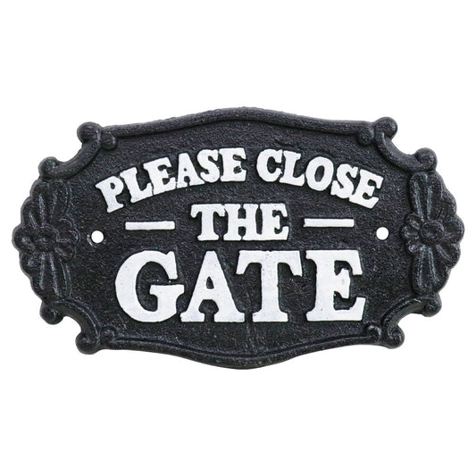 Decorative metal sign with 'Please Close The Gate' text on a white background