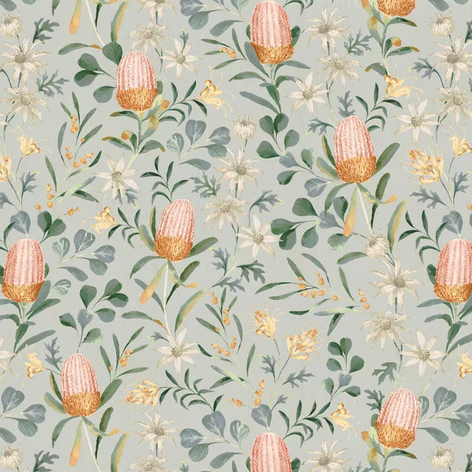 Floral pattern with pink flowers and green leaves on a light blue background