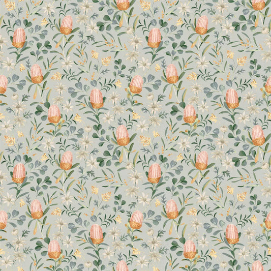 Floral pattern with pink flowers and green leaves on a light blue background