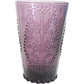 Decorative purple glass vase with embossed design on a white background