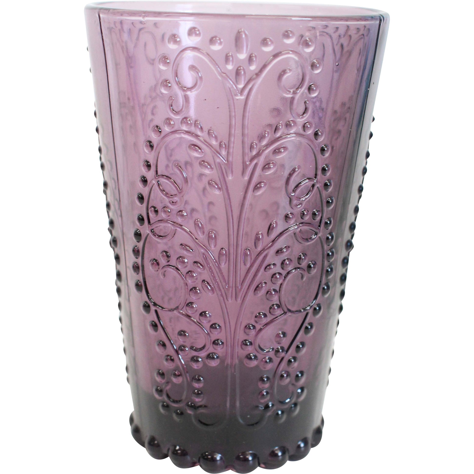 Decorative purple glass vase with embossed design on a white background