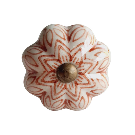 Ceramic Drawer Knob - Vintage Flower - Rusty Red Colour