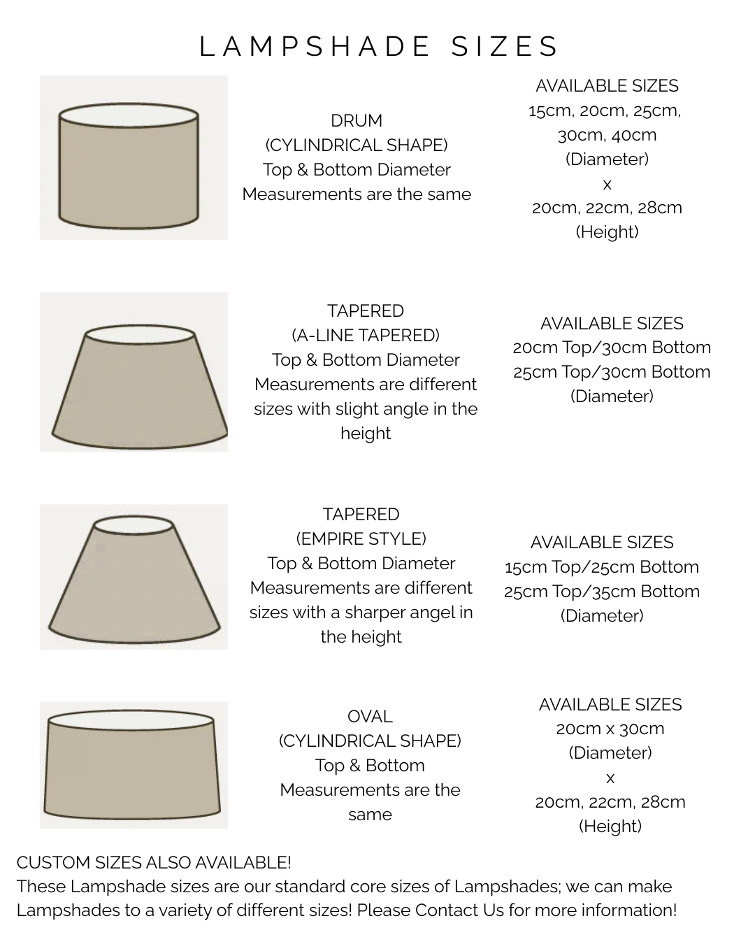 Chart detailing different lampshade shapes and their available sizes.
