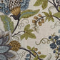 A close-up of a floral fabric pattern on a textured beige linen-like background, featuring blue-gray, olive green, mustard yellow, and dark brown botanical motifs.