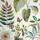 Colorful leaf and butterfly pattern on a textured fabric background