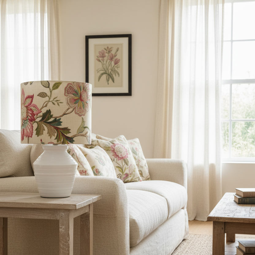A cozy living room scene featuring a cream-colored slipcovered sofa with floral-patterned throw pillows, a matching floral table lamp on a light wood side table, and a textured beige rug on a hardwood floor.