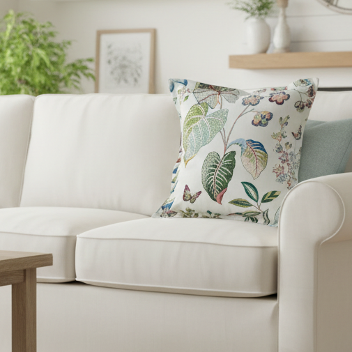 White sofa with decorative pillows in a living room setting