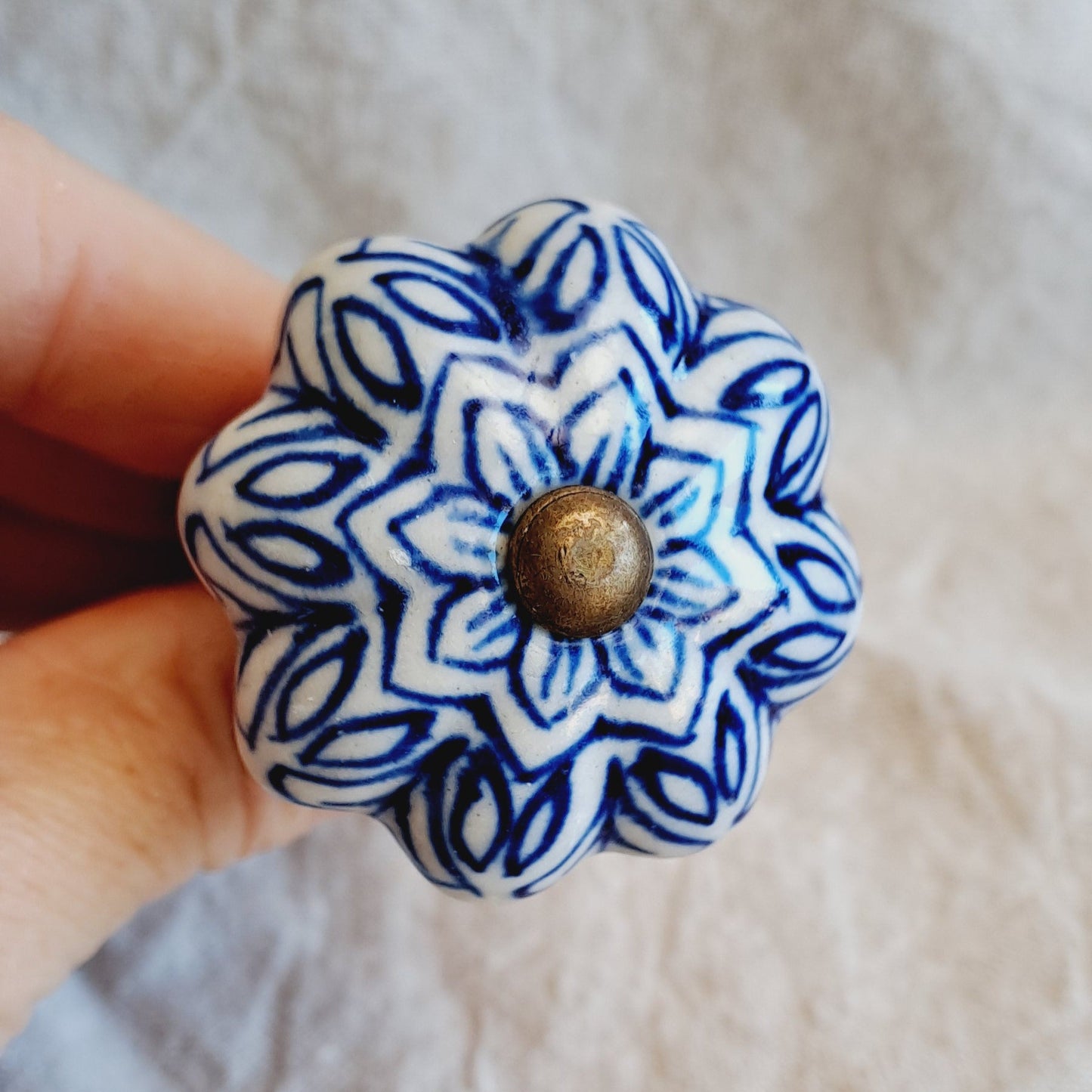Blue & White Ceramic Drawer/Cabinet Knob - Vintage Floral