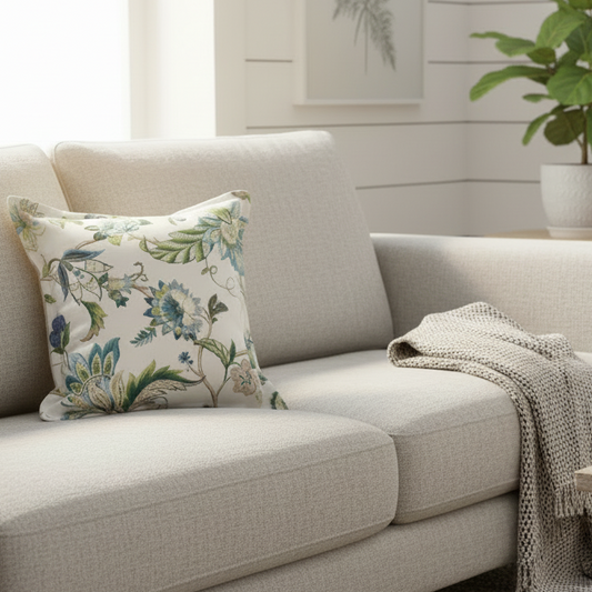 Throw Cushion with Flange Edge - Brissac (Sapphire) P.Kaufmann Fabric with Natural Linen Backing