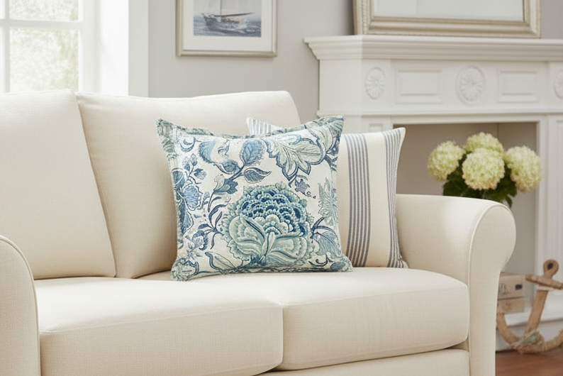 Throw Cushion with Flange Edge - Portsea (Ocean) with Sage Green Back