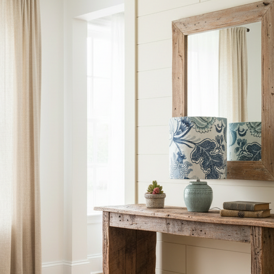 Lamp with blue floral patterned shade on a white background