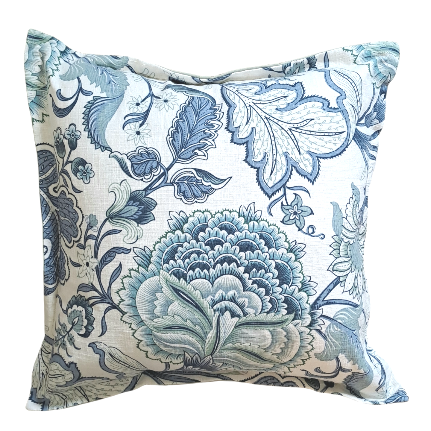 Decorative pillow with blue floral pattern on a white background